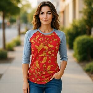 LuLaRoe Womens Top Size XS Randy Baseball Tee Red Gold Gray Floral ‎ Leaf NEW